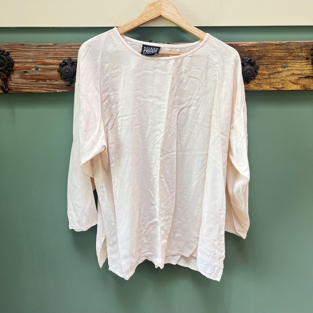 Eileen Fisher Cream Rayon Crinkle Blouse Oversized Tunic Size 2 USA Made